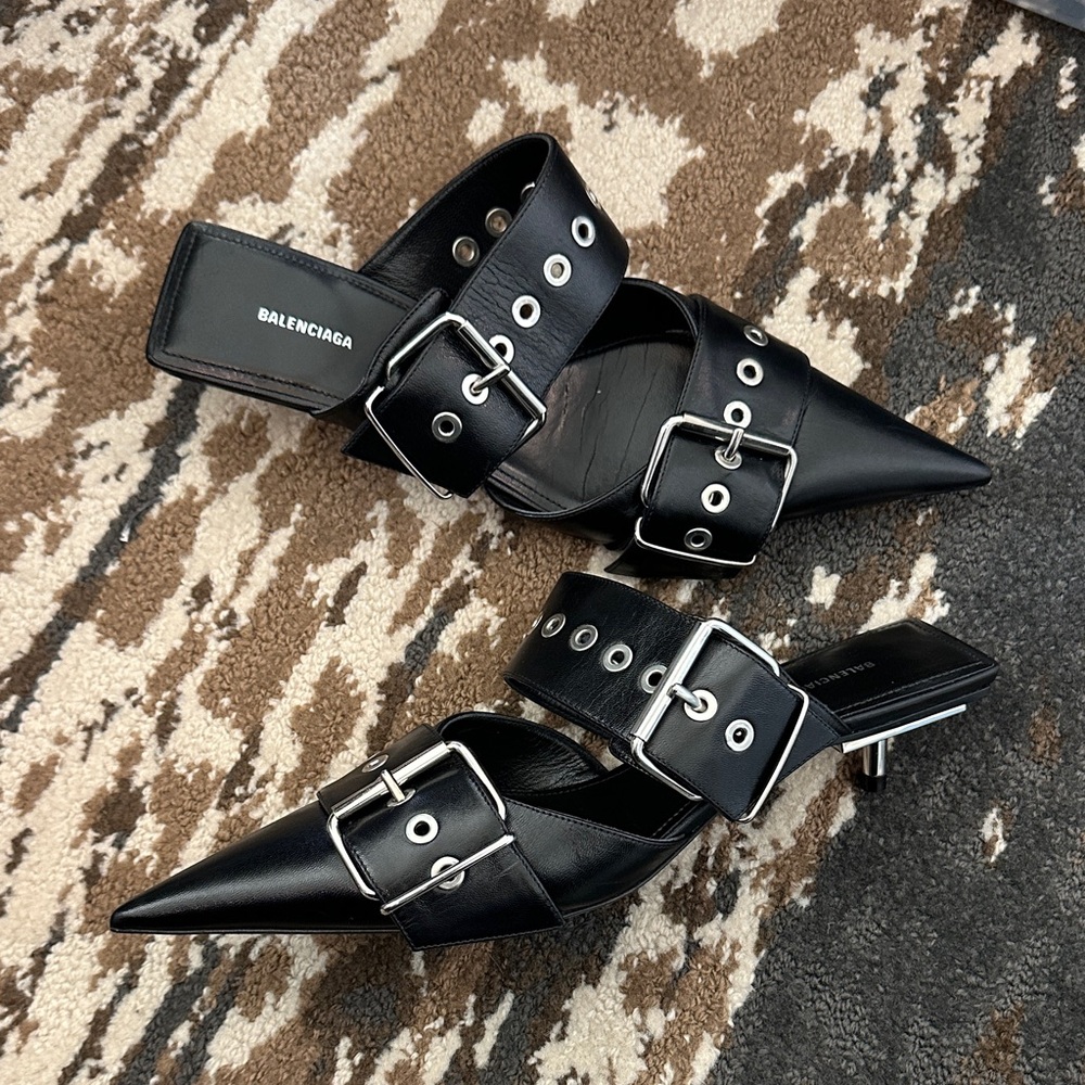 Balenciaga Black Leather Buckle Mules